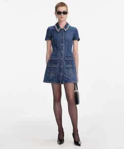 Denim Crystal Trim Collared Mini Dress