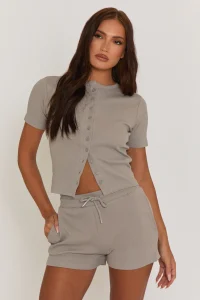 Dove Grey Button Front Top and Short Co-ord Set - Dua
