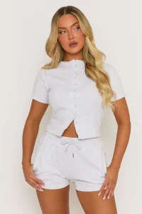 Grey Marl Rib Button Front Top and Short Co-ord Set - Dua