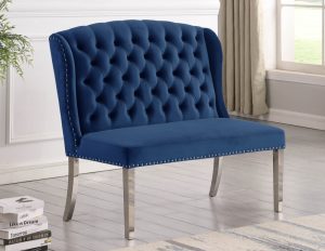 Lakia High Back Velvet Upholstered Dining Bench In Blue