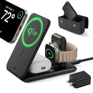Qi2 3-in-1 Travel Wireless Charging Set (Bag Included) – Black – US Plug