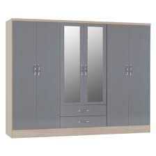 Mack Oak Wooden Wardrobe With 6 Doors Grey Gloss Front | FiF